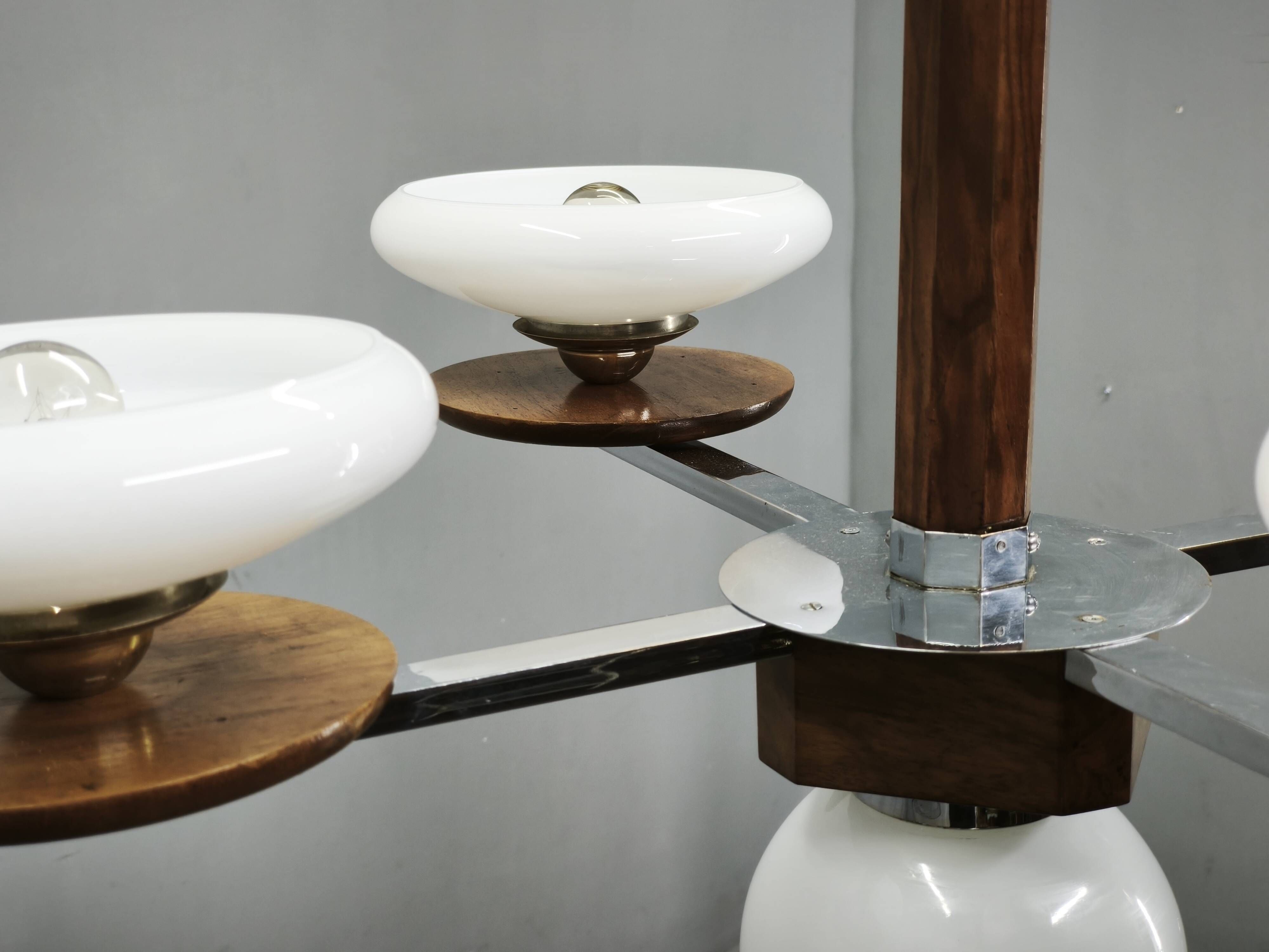 Czech Art Deco Walnut, Chrome and Opaline Glass Chandelier, 1930s
