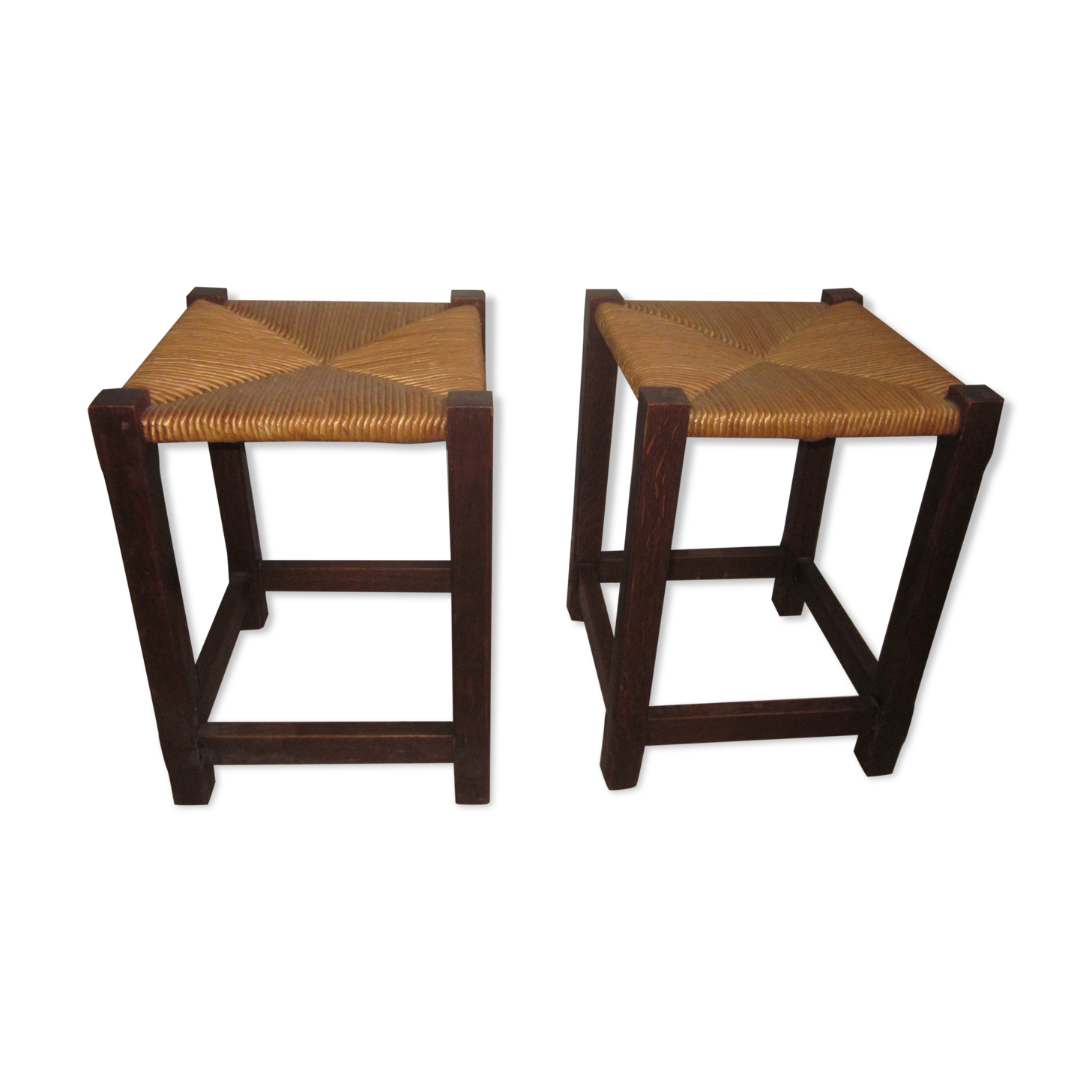 Pair of wooden and straw stools