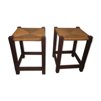 Pair of wooden and straw stools