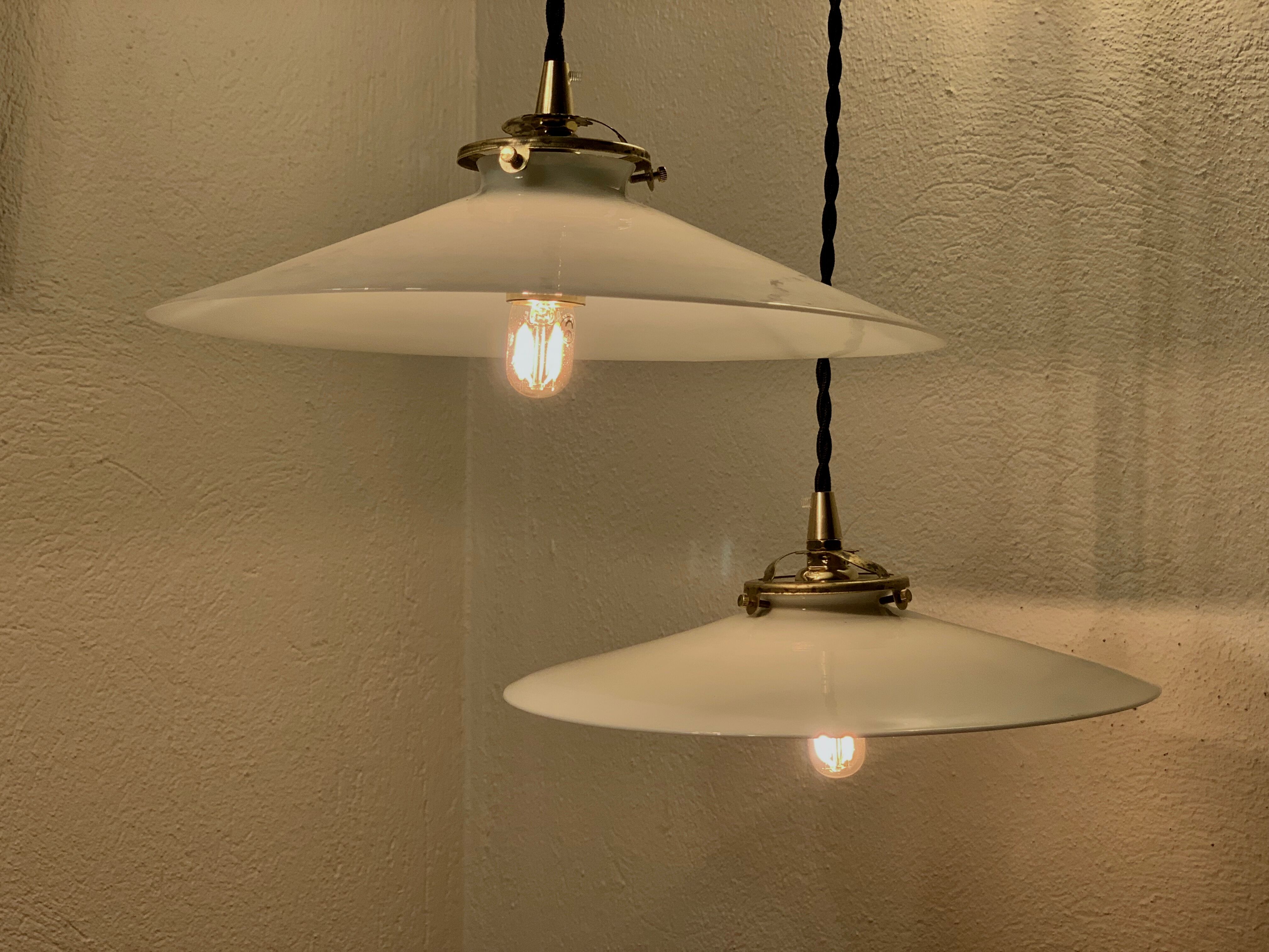 Pair of suspensions bistrot 1920 opaline indus