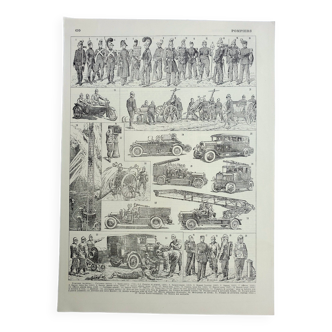 Gravure ancienne 1928, Pompier, secours, ambulance, incendie • Lithographie, Planche originale
