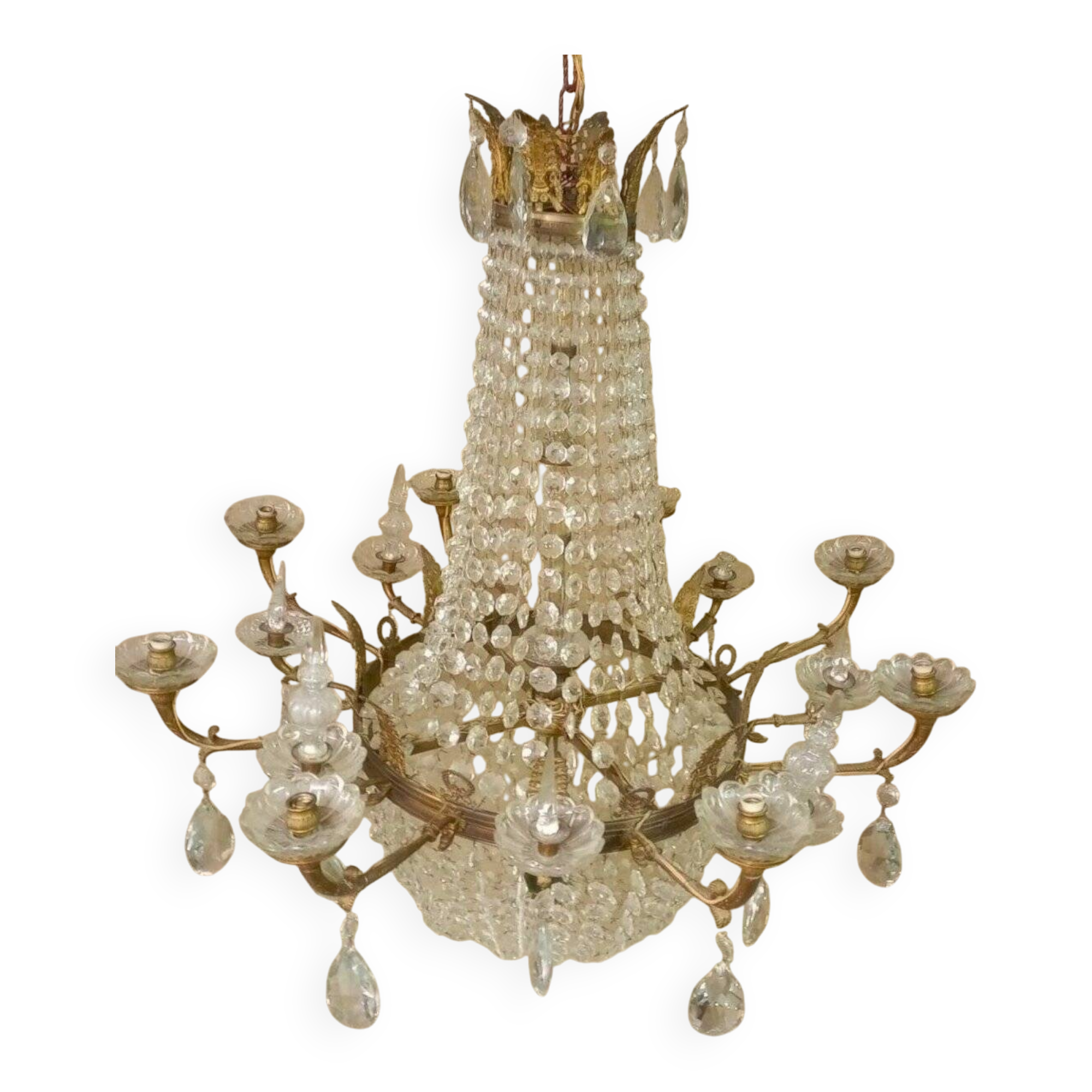 Large curved chandelier floor lamp in bronze and crystal, 19th century