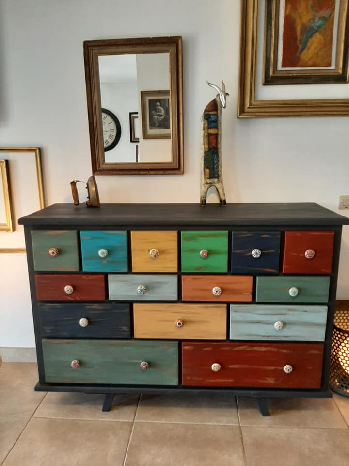 Furniture commode 15 drawers table patchwork patina ebeniste all solid wood multicolored