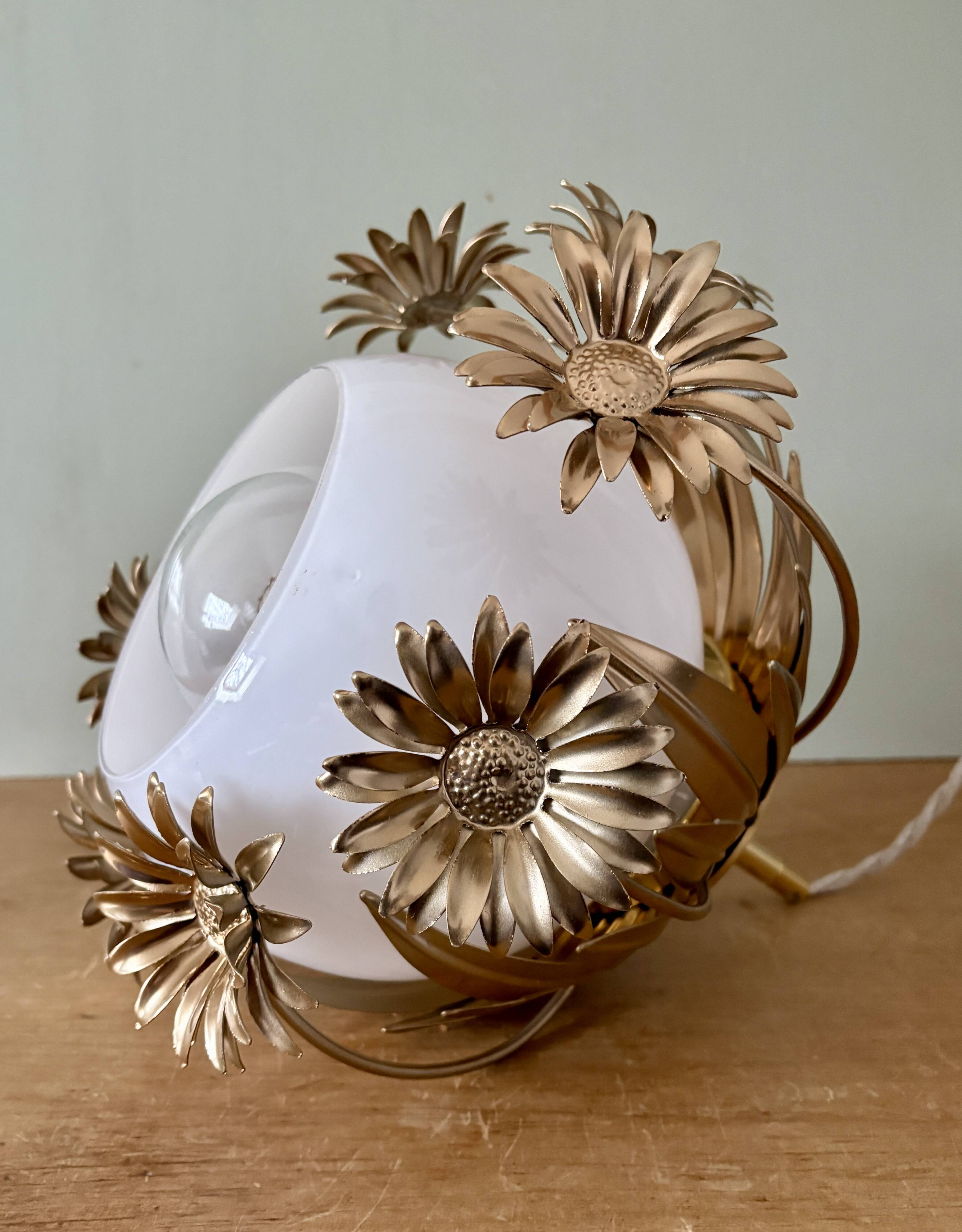 Pendant light in gilded metal and antique opaline globe