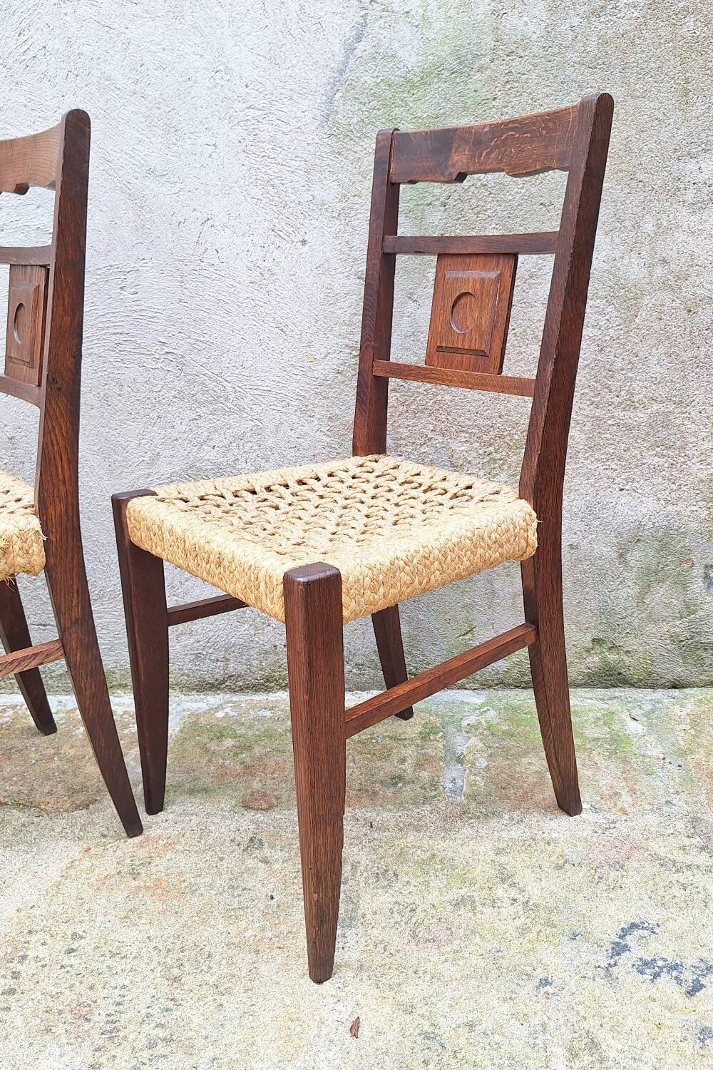 Set of 4 oak and rope chairs