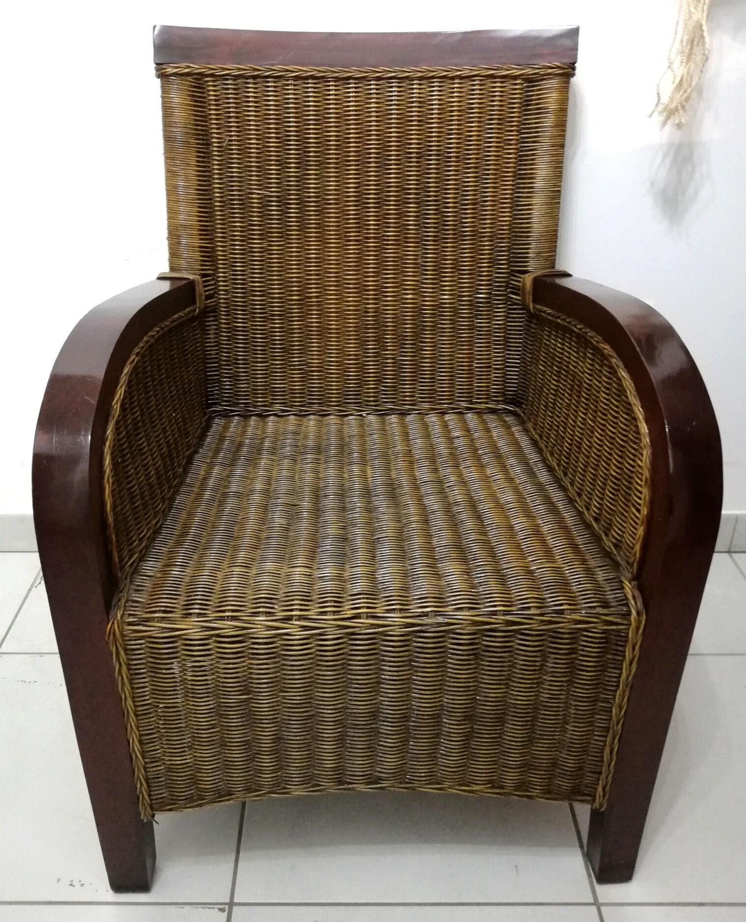 Fauteuil club acajou et rotin