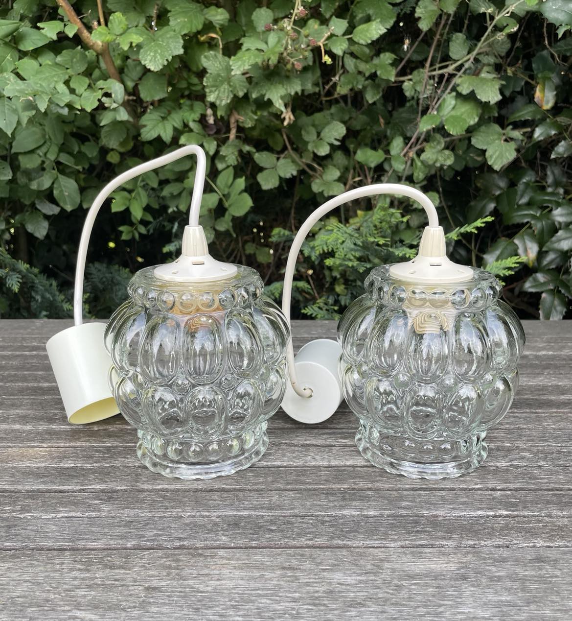 Pair of Bubble Pendant Lamps in Amber Glass Vintage 70s