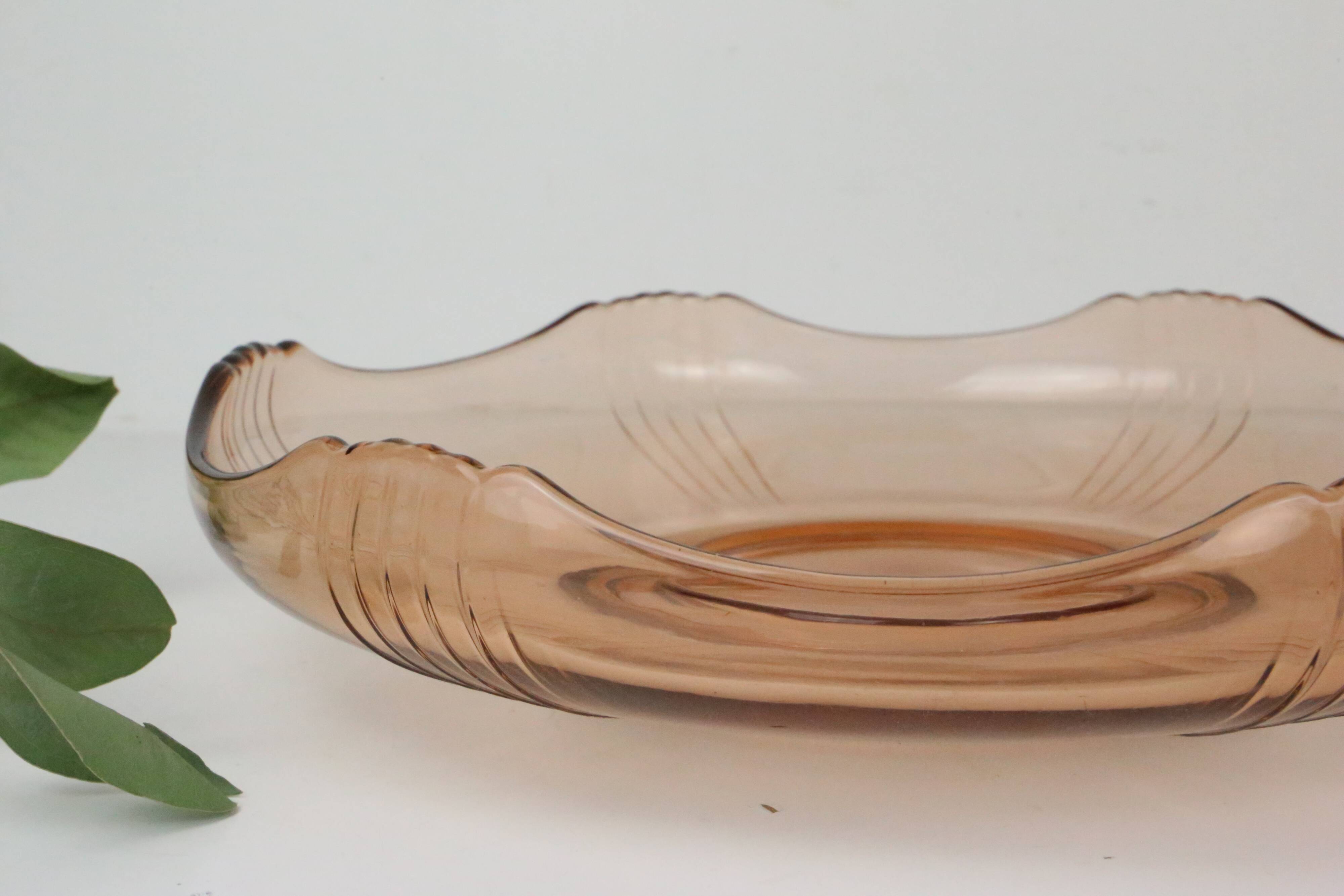 Round pink glass dish, empty pocket or salad bowl, molded glass, art deco