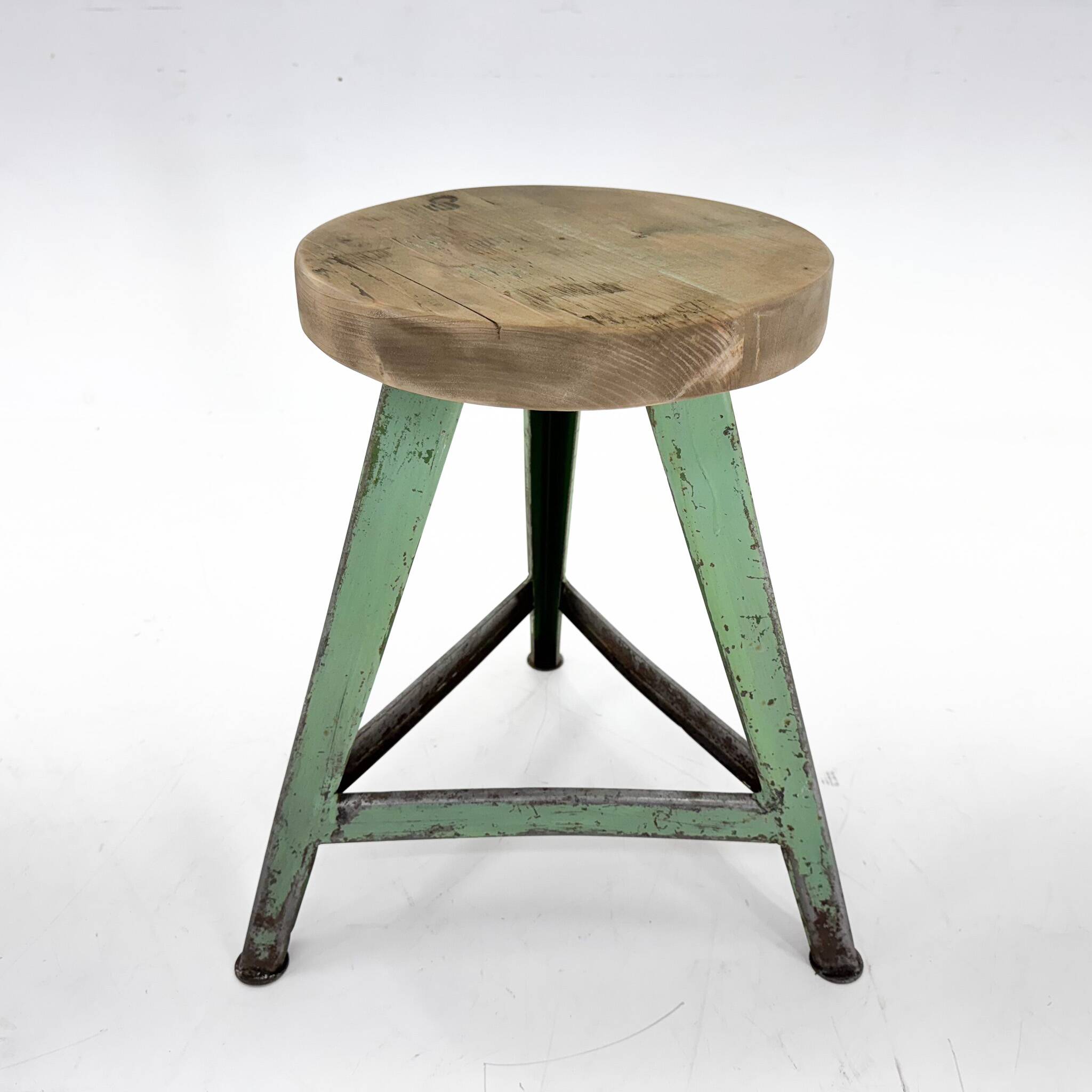 Vintage industrial steel & wood tripod stool, 1950's