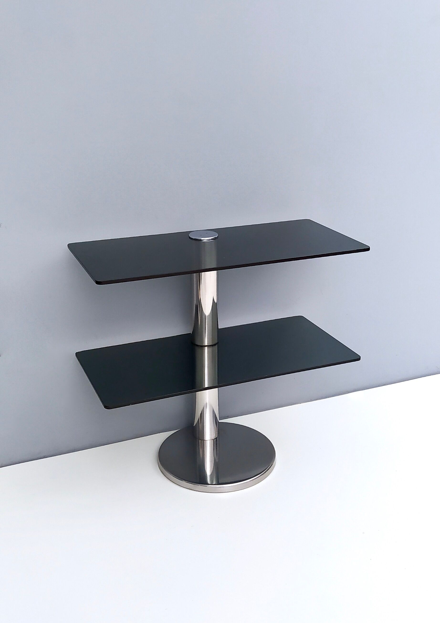 Postmodern Chromed Metal Console Table with Two Smoked Glass Shelves, Italy