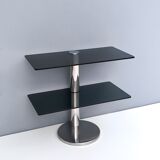 Postmodern Chromed Metal Console Table with Two Smoked Glass Shelves, Italy