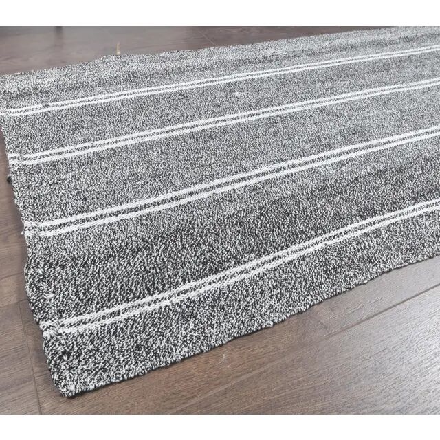 1970s Turkish flatweave handwoven grey white striped kilim rug 72x225