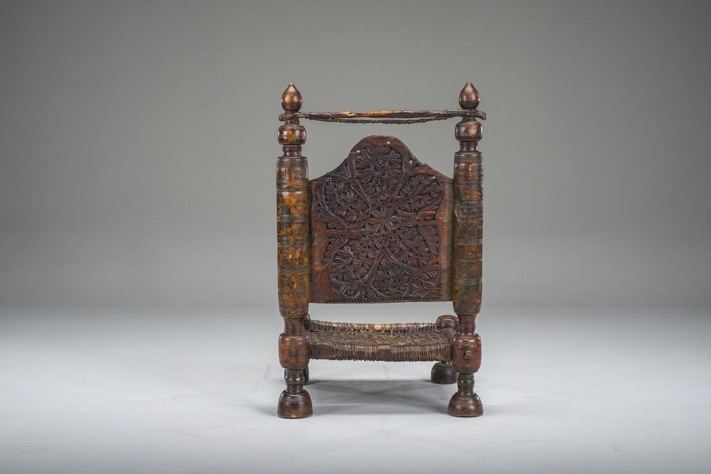 Early 20th century handmade low cedar chair, Nuristan, 1890s
