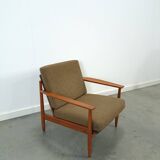 Teak Scandinavische fauteuil met bruin stoffen kussens, stoel 1