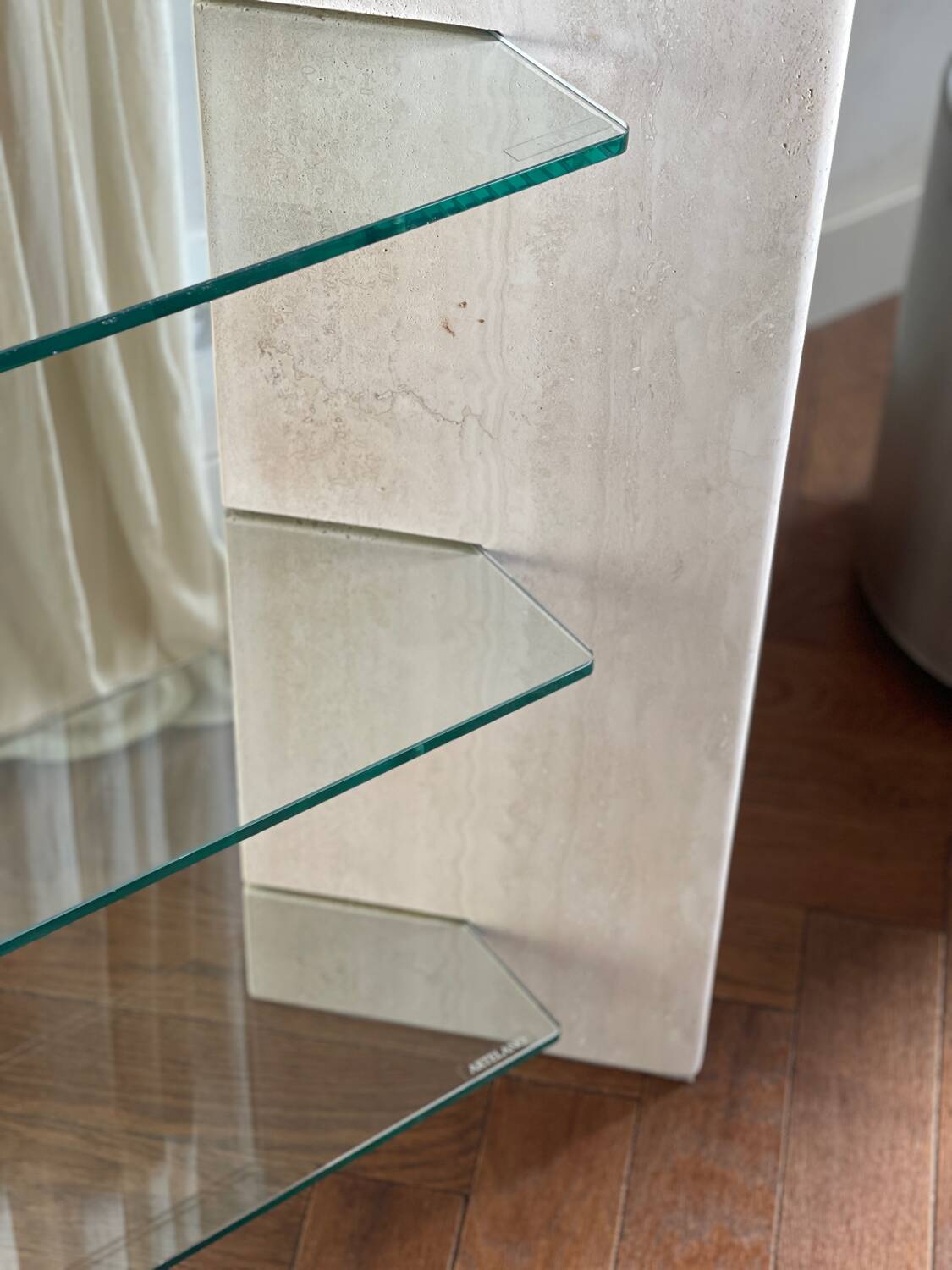 Artelano shelf/console Roche Bobois travertine and glass 1970s