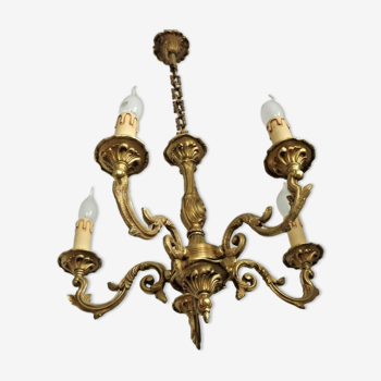 Vintage French 5 Light Mid Century Bronze Chandelier Acanthus Leaf Detail 3519