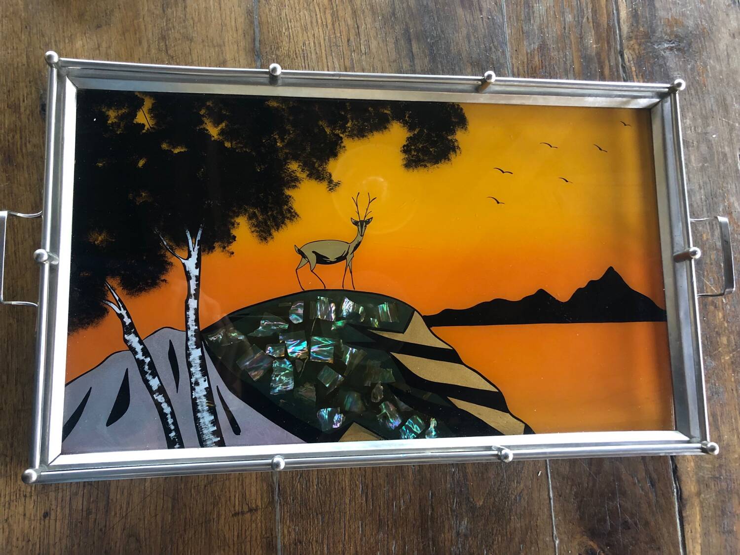 Art Deco tray in reverse painted glass