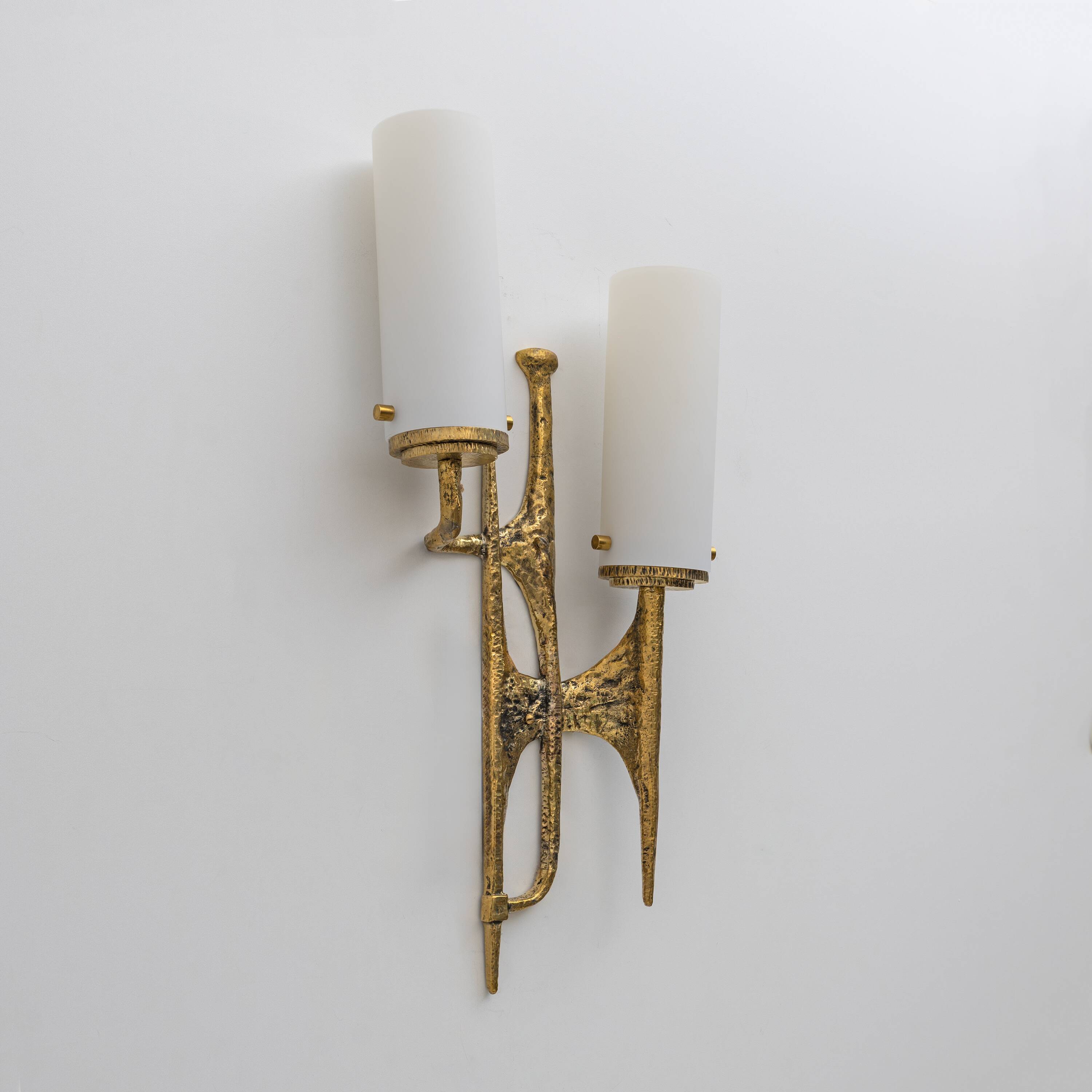 Pair of Brutalist Bronze Wall and Murano glass Sconces by Felix Agostini