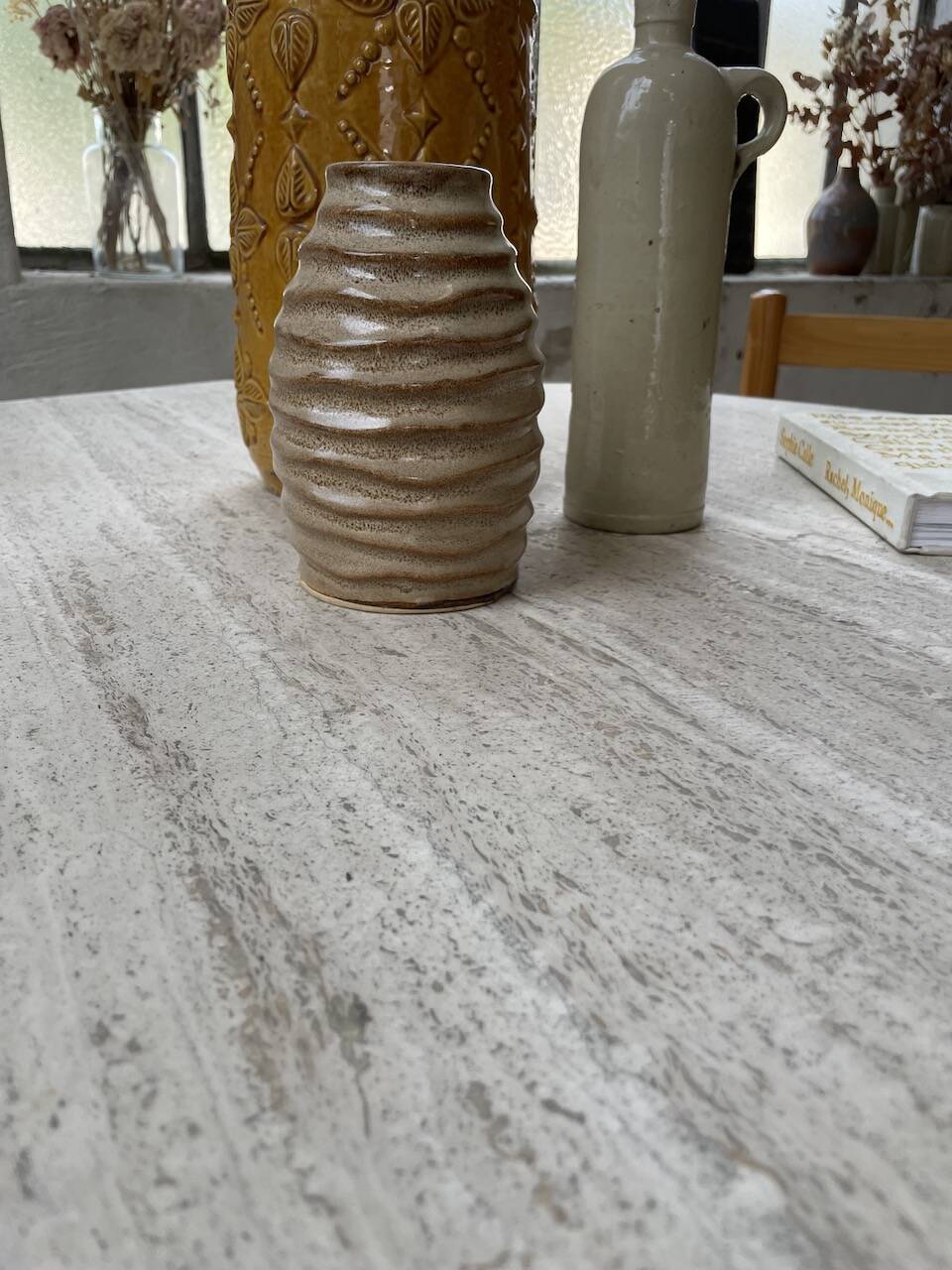 Octagonal travertine coffee table