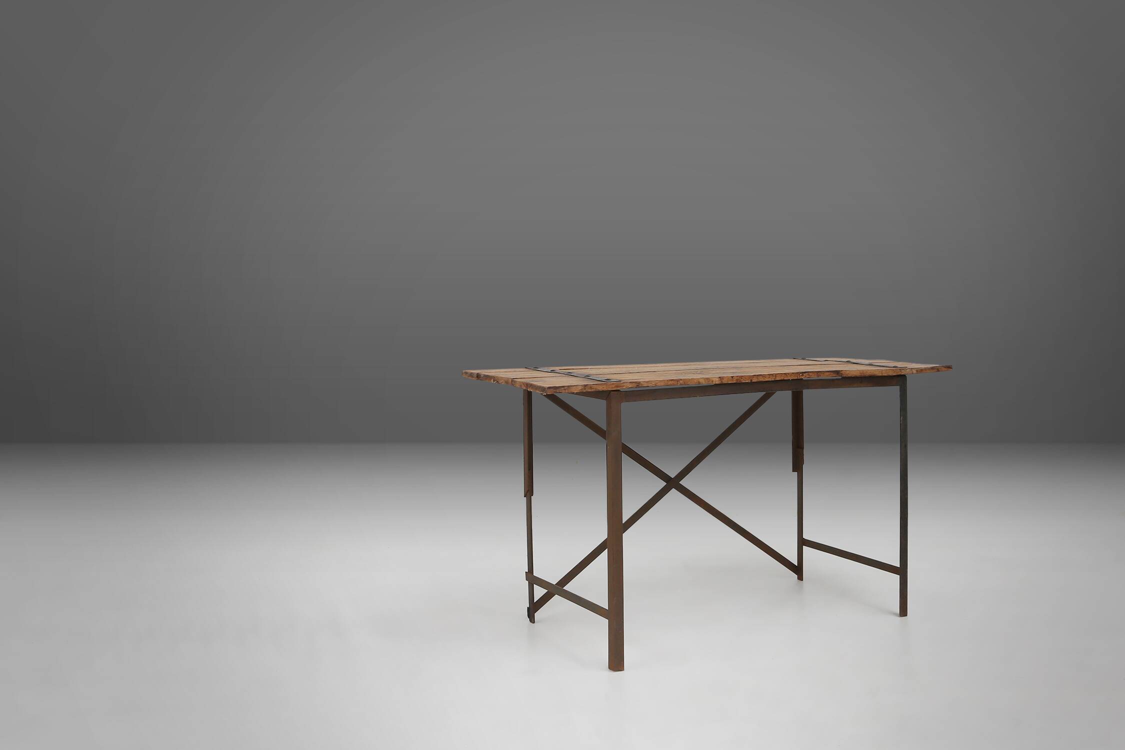 Industrial side table with metal frame and wooden top and removable platform, Belgium, 1920