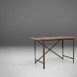 Industrial side table with metal frame and wooden top and removable platform, Belgium, 1920