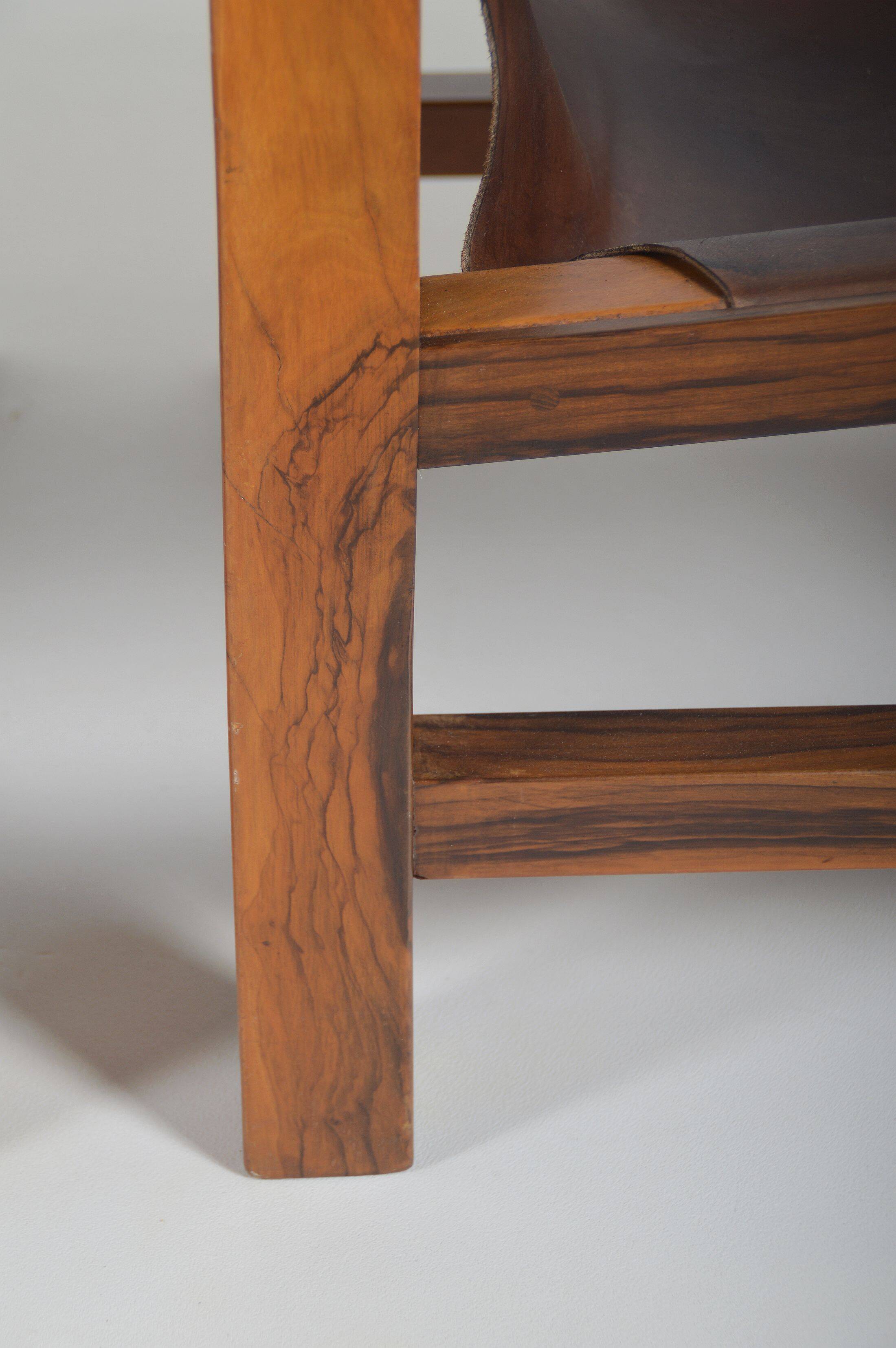 Set of French armchairs in olive wood with saddle leather, 1970s