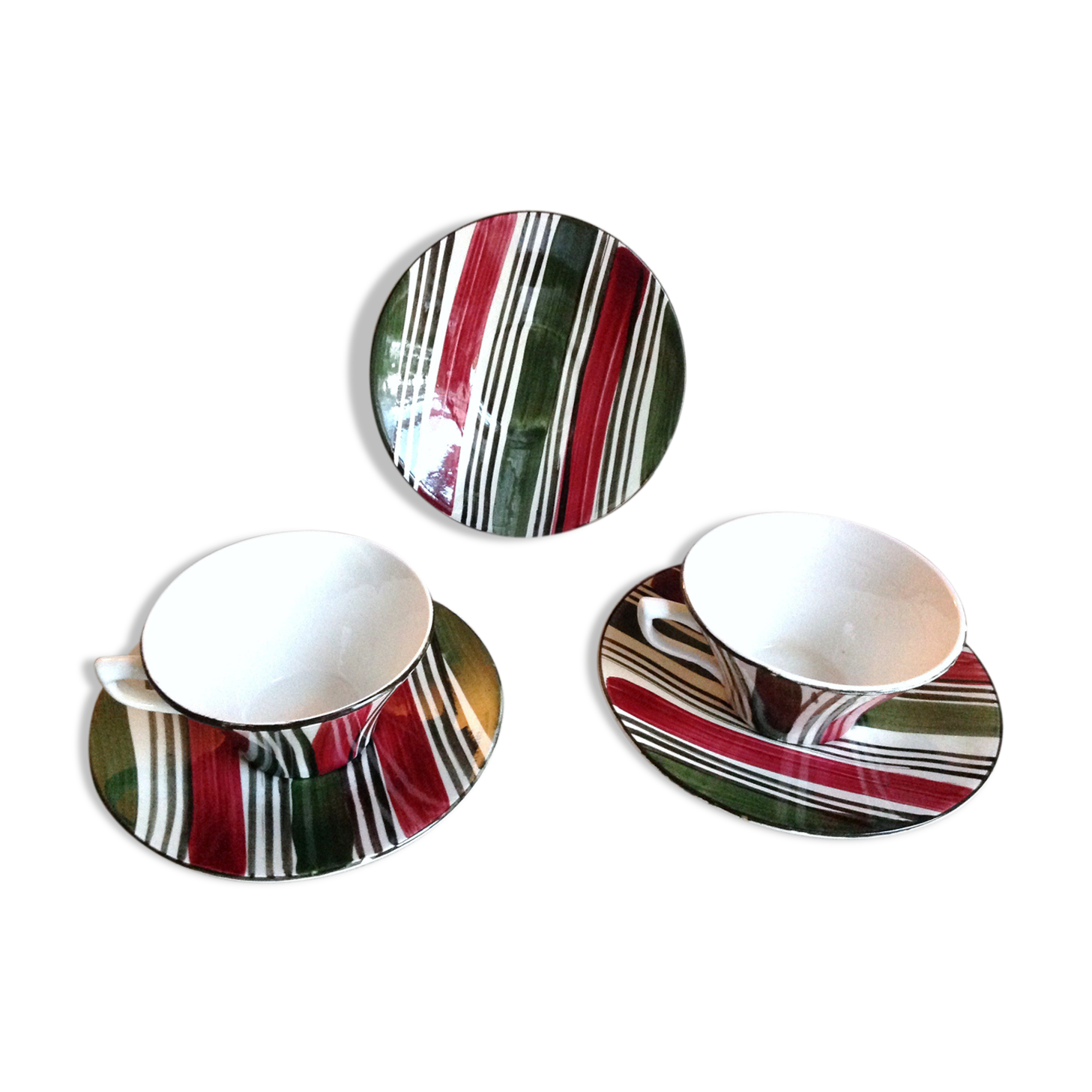 Tasses et soucoupes polychromes Sarreguemines décor Feria, vintage années 30-50