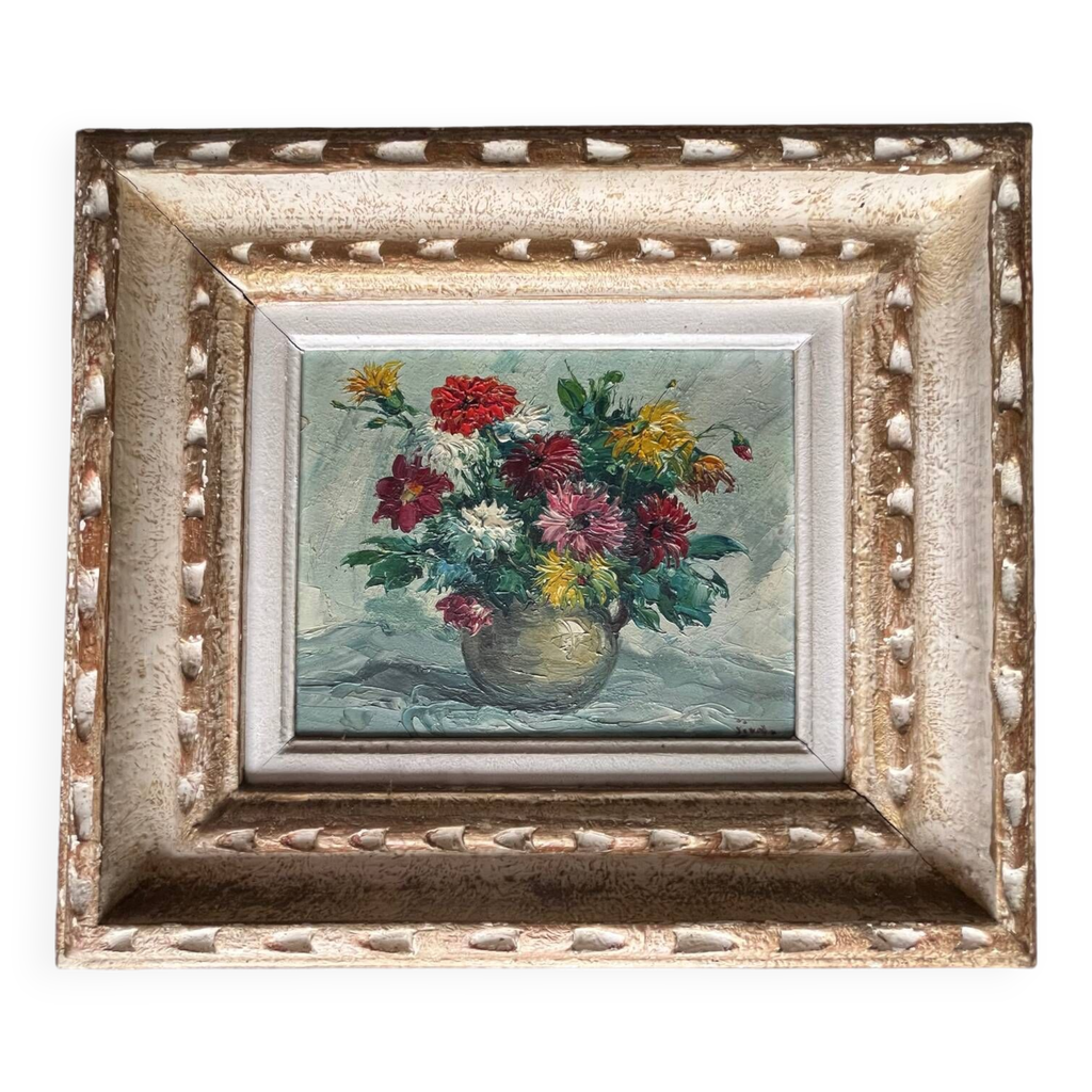 Tableau - huile sur toile nature morte aux dahlias | Selency
