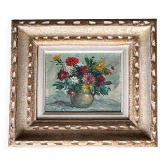 Tableau - huile sur toile  nature morte aux dahlias