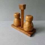 Salt and pepper shakers in olive wood and magnifying glass, 70s-80s