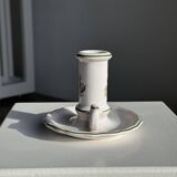 Small vintage hand-held candlestick in earthenware with green trim and floral decoration H10.5