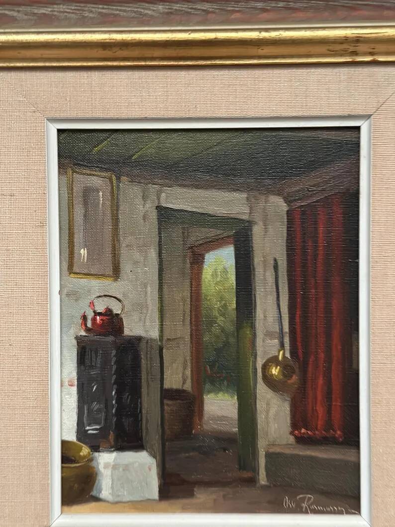 Original Swedish Oil on Canvas – 'Kitchen II' by Osvald Rasmussen – Signed – Vintage and Framed – 41 × 37 cm (16.1" × 14.6")