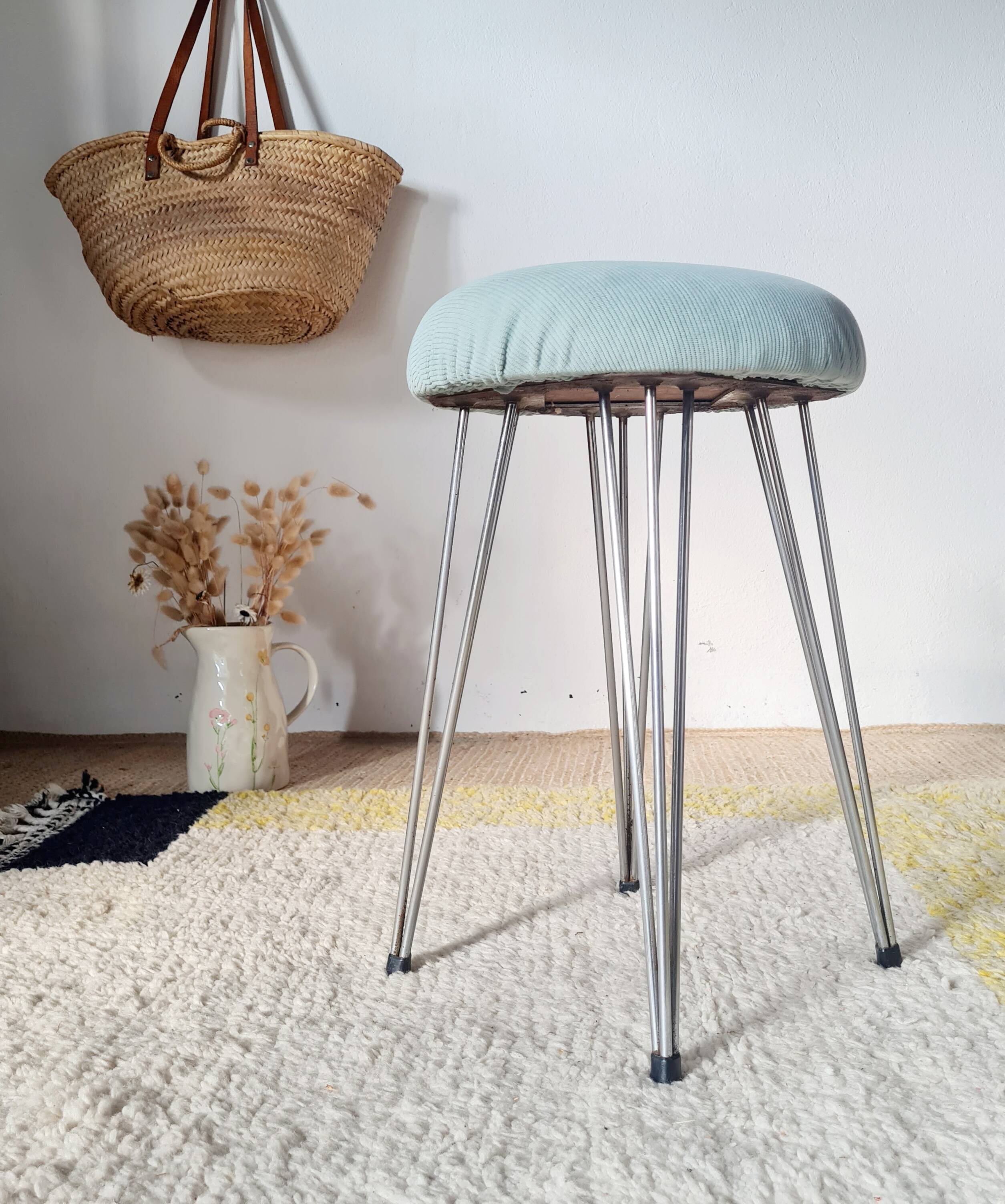 Vintage 1950s stool, metal tapered legs and velvet.