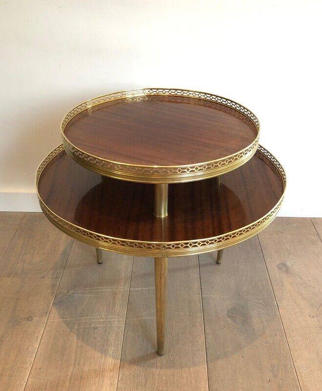 Tripod gueridon in neoclassical style made of mahogany, brass, and a golden metal base.