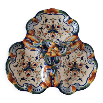 Hand-painted Rouen-style ceramic presentation dish with handle