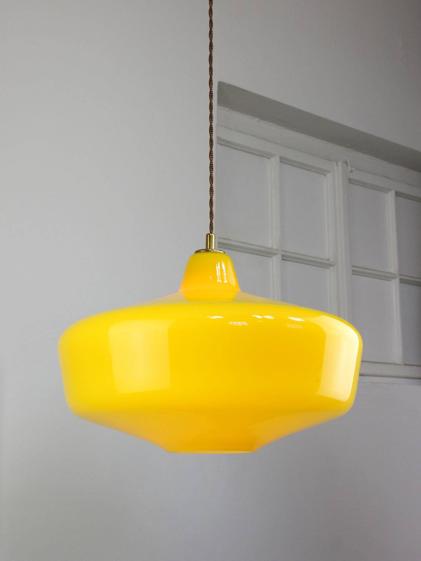 Mid-Century Italian Brass and Yellow Glass Pendant Lamp