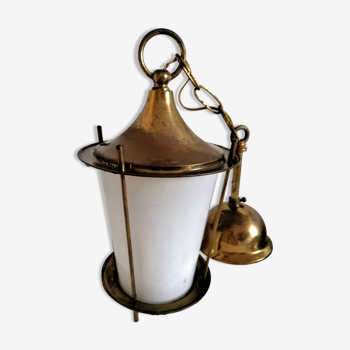 Chandelier suspension lantern metal gold vintage opaline glass