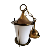 Lustre suspension lanterne métal doré verre opaline vintage