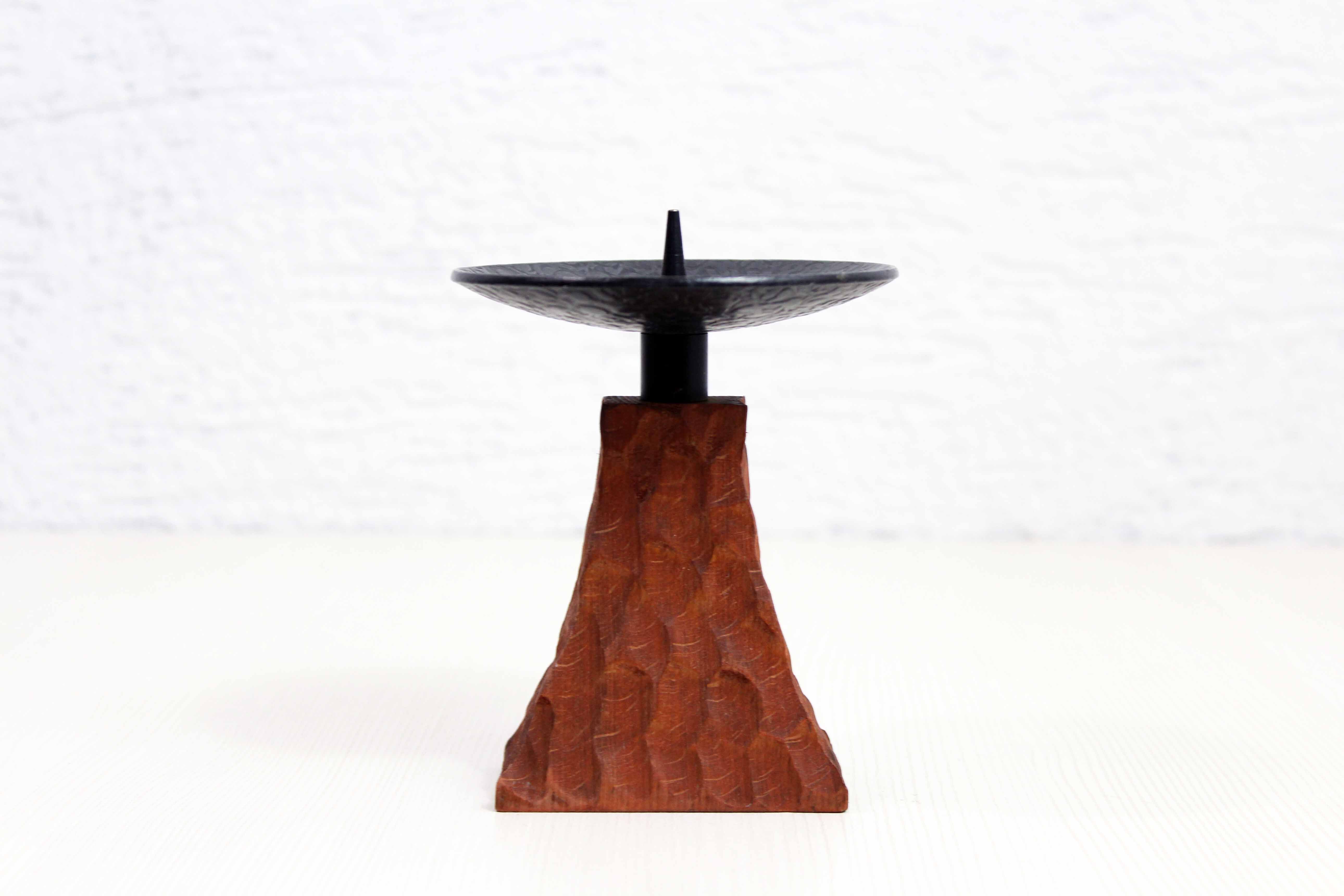 Brutalist teak and metal candle holder