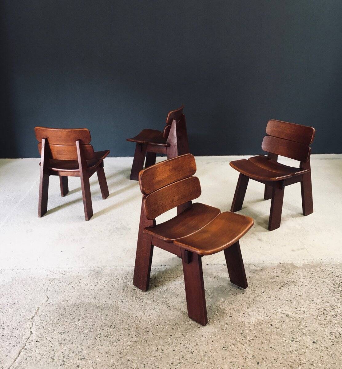 Constructivist Oak Dining Chairs, Belgium, 1960s, Set of 4