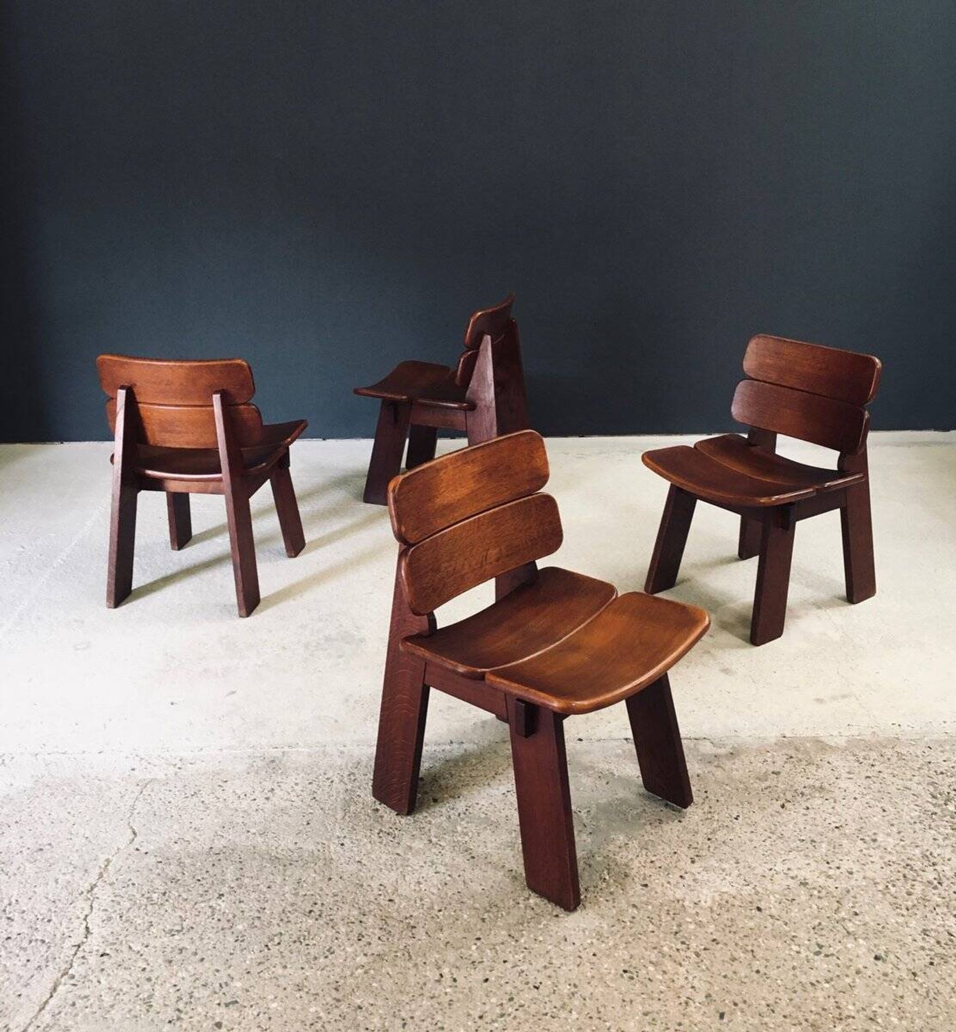 Constructivist Oak Dining Chairs, Belgium, 1960s, Set of 4