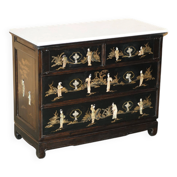Antique Chinese commode carved in steatite with a marble top.