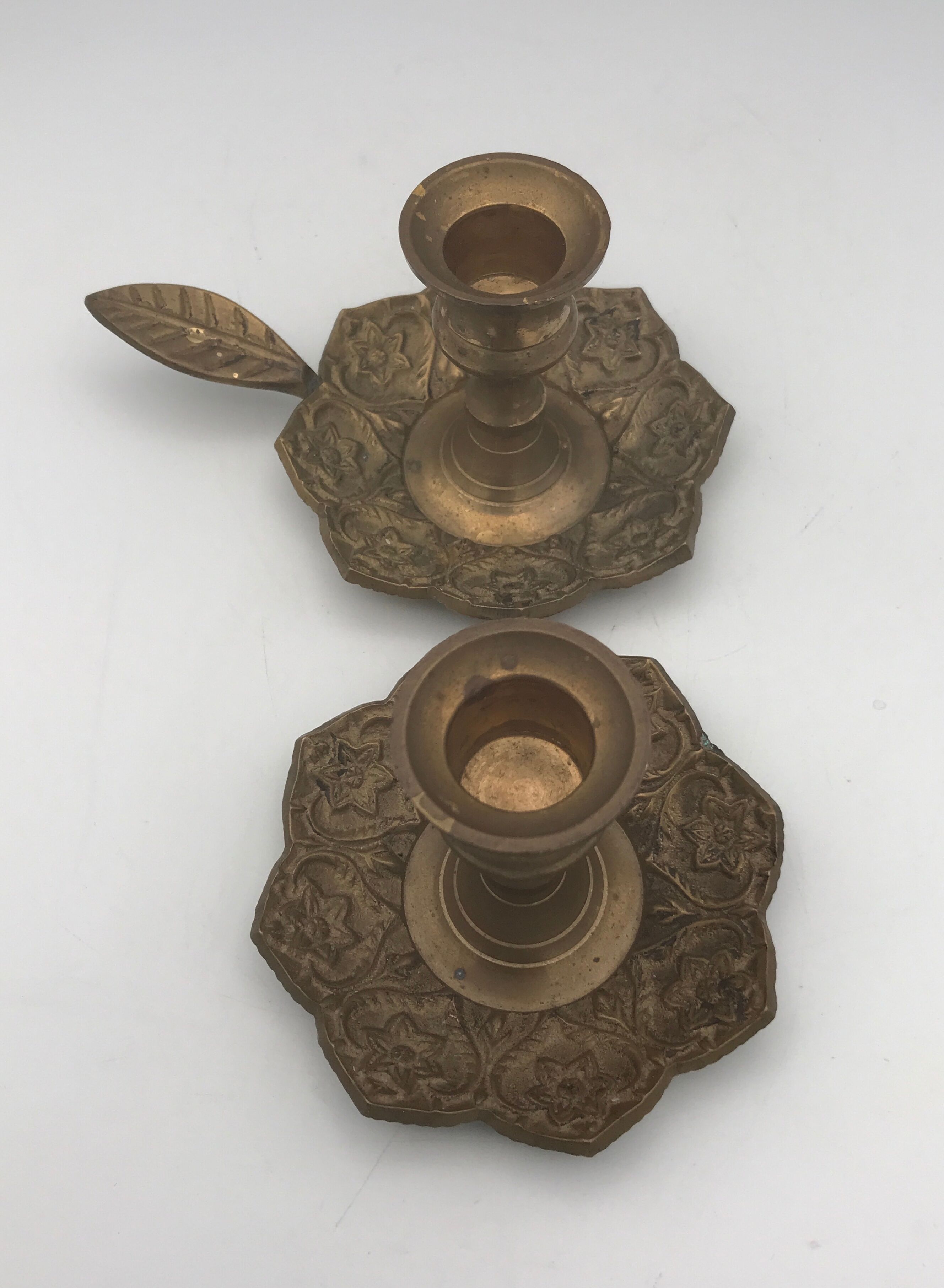 PAIR of BRASS table CANDLE HOLDERS with Flower Patterns