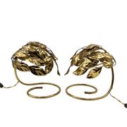 Hollywood regency set of 2 brass leaves table lamps, Bottega Gadda Italy, 1970s
