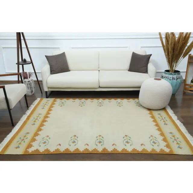 1970s Vintage Turkish Oushak Handmade Wool Cotton Cream Area Rug 171x222