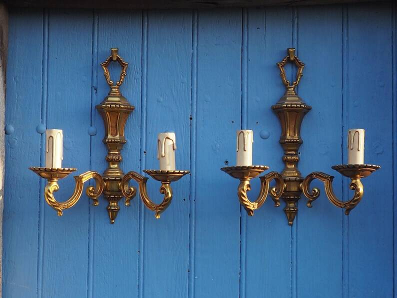 French Bronze Wall Sconces: Pair of 2-Branch Lights, C1950s