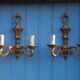 French Bronze Wall Sconces: Pair of 2-Branch Lights, C1950s