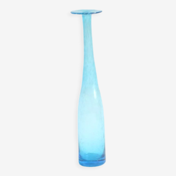 Vase vintage en verre à bulles bleu soufflé à la main