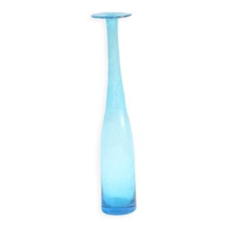 Vase vintage en verre à bulles bleu soufflé à la main