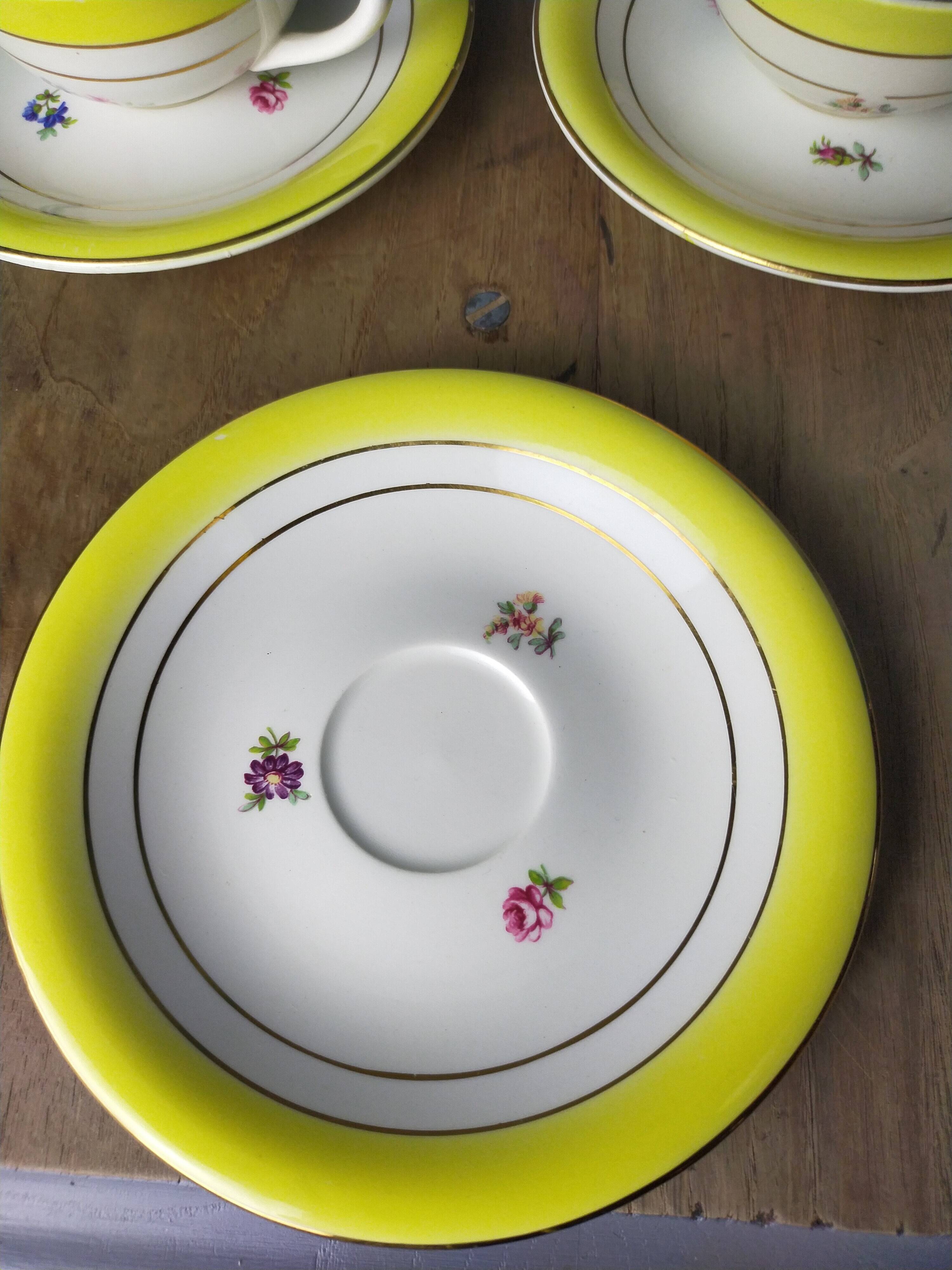 3 Gien earthenware cups and saucers decorated with flowers